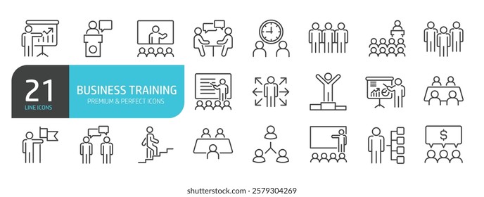 Set of line icons related to training, workshop, coaching, presentation. Outline icons collection. Vector illustration.