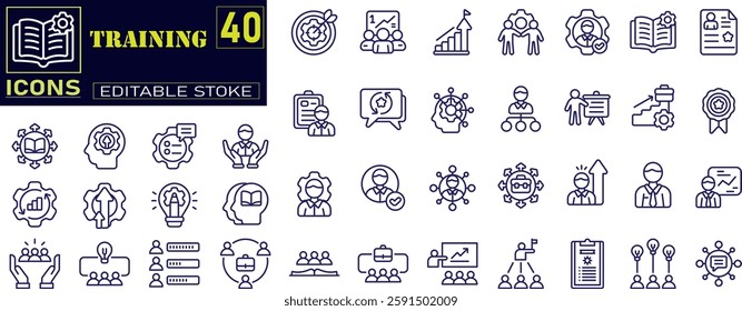 Set of line icons related to training, coaching, mentoring, education, meeting, conference, teamwork.