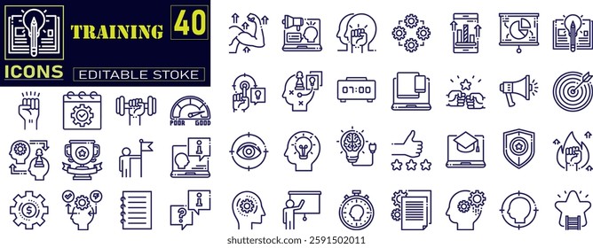 Set of line icons related to training, coaching, mentoring, education, meeting, conference, teamwork.