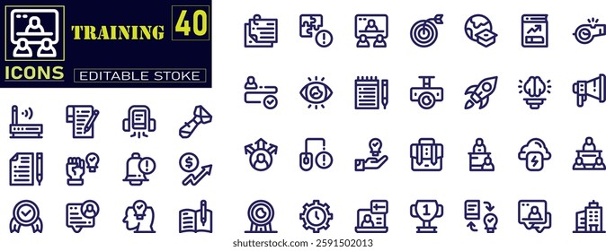 Set of line icons related to training, coaching, mentoring, education, meeting, conference, teamwork.