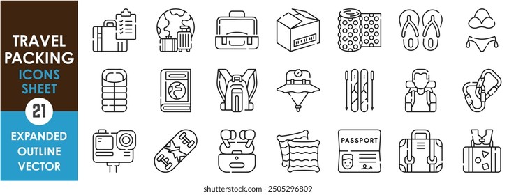 A set of line icons related to Travel Packing. Travel, tourist, package, clothes, adventure, vacation, gear, sleeping bag, passport, luggage, and so on. Vector outline icons set.