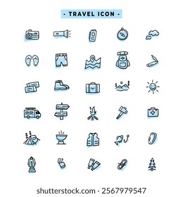 Set of line icons related to travel, luggage, tour, summer vacations, tourism, Editable stroke. Vector illustration