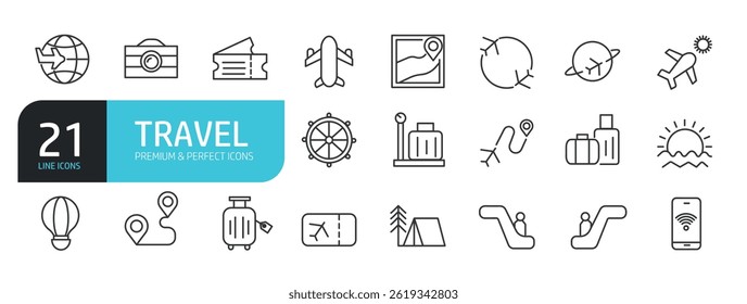 Set of line icons related to travel, holiday, vacation. Outline icons collection. Vector illustration