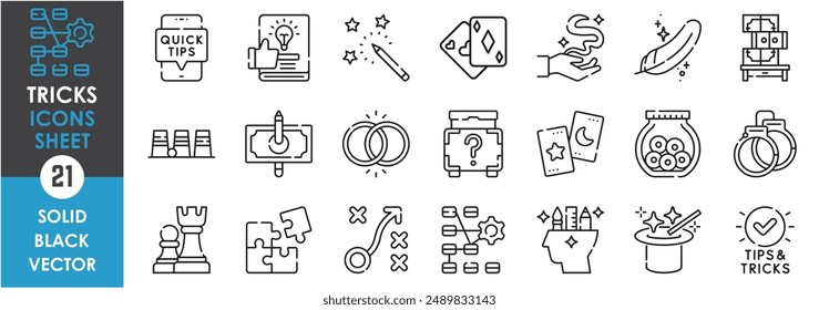 A set of line icons related to tricks. Tips, tricks, idea, card, magic, levitate, mindful, puzzle, strategy, mind games and so on. Vector outline icons set.