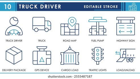 A set of line icons related to Truck Driver. Driver, truck, road map, fuel pump, cargo, delivery, highway, and so on. Vector editable stroke.