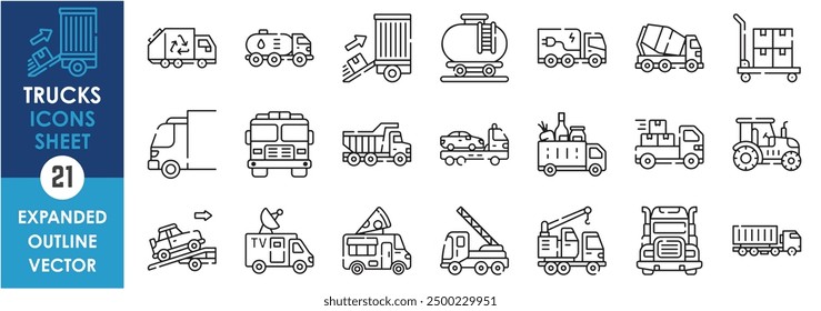 A set of line icons related to Trucks. Lorry, heavy, load, offroad, transport, business, highway, grocery, television, load, goods, and so on. Vector outline icons set.