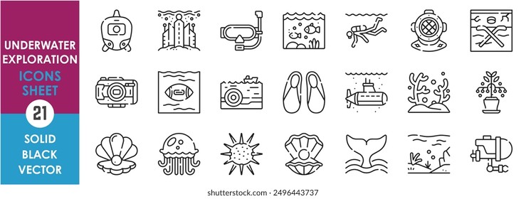 A set of line icons related to Underwater Exploration. Marine, biology, diving, submarine, machines, explore, research, coral, fish, camera, city, sports and so on. Vector outline icons set.