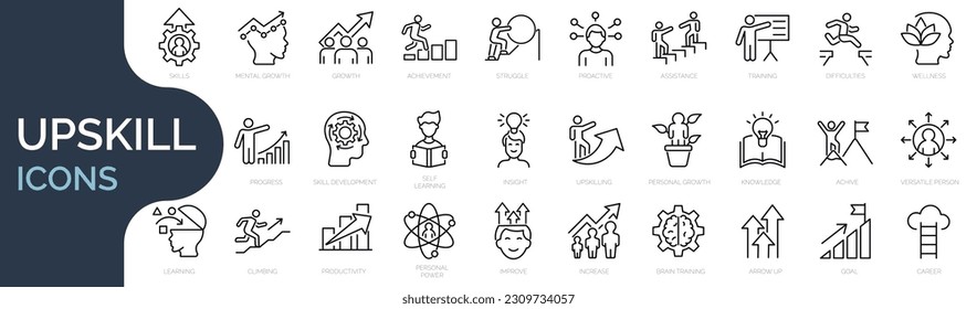 Set of line icons related to upskill, upskilling, personal growth, development, education, career. Outline icon collection. Editable stroke. Vector illustration - Shutterstock ID 2309734057