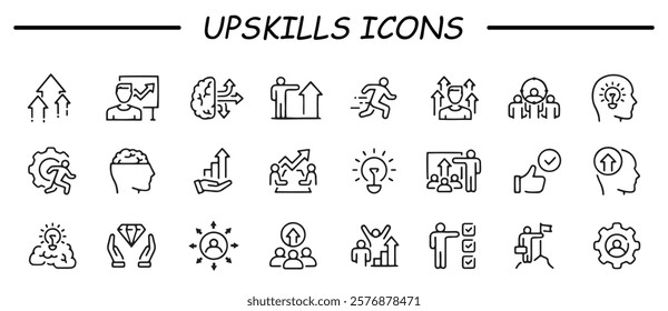 Set of line icons related to upskill, upskilling, personal growth, development, education, career. Outline icon collection.