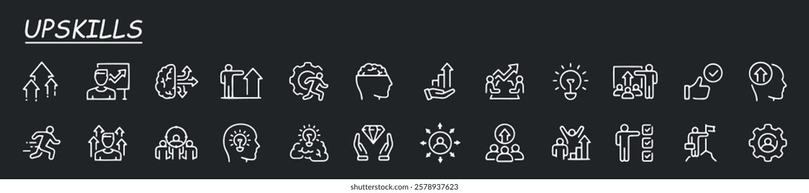 Set of line icons related to upskill, upskilling, personal growth, development, education, career. Outline icon collection.