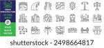 A set of line icons related to Urban Infrastructure, Road, bridge, bus stop, traffic, buildings, map, park, stadium, transportation and so on. Vector outline icons set.