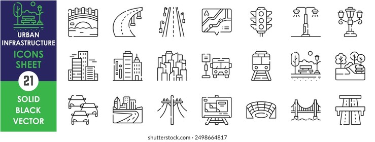 A set of line icons related to Urban Infrastructure, Road, bridge, bus stop, traffic, buildings, map, park, stadium, transportation and so on. Vector outline icons set.