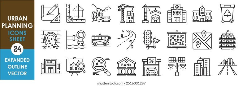 Conjunto de iconos de línea relacionados con la planificación Urbana. Plan, urbano, ciudad, hospital, alcantarillado, departamento, carreteras, mapa, centro comercial, arquitectura, garaje, escuela, metro, y así sucesivamente. Conjunto de iconos de contorno de Vector.