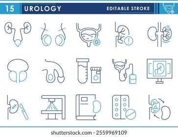 A set of line icons related to Urology. Kidneys, Bladder, Prostate Gland, Catheter, Kidney Stones
, and so on. Vector editable stroke.