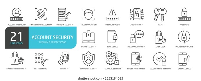 Set of line icons related to user account, password, security, access, privacy. Outline icons collection. Vector illustration.