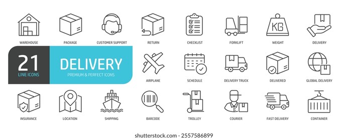 Set of line icons related to user delivery, shipping, cargo, warehouse. Outline icons collection. Vector illustration.