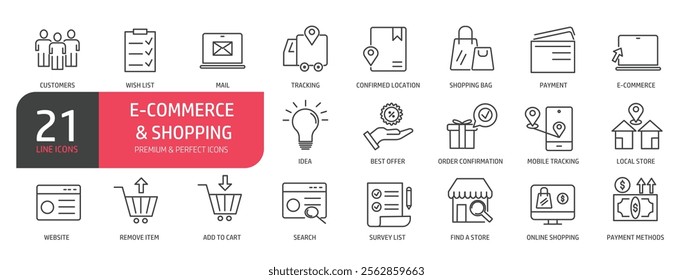 Set of line icons related to user e-commerce, online shop, store, order. Outline icons collection. Vector illustration.