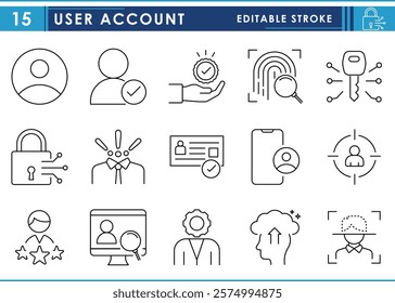 A set of line icons related to User Accounts. Identity, face, security, avatar, lost, digital, person, target, encrypt, and so on. Vector editable stroke.