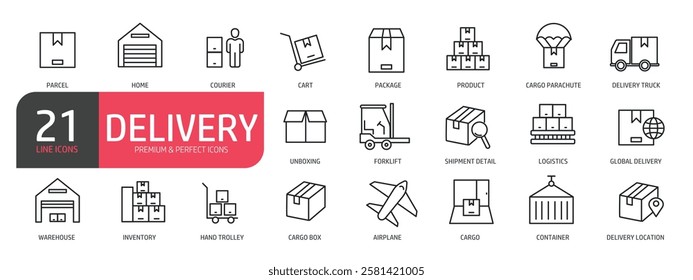 Set of line icons related to user delivery, cargo, warehouse, package. Outline icons collection.Vector illustration.