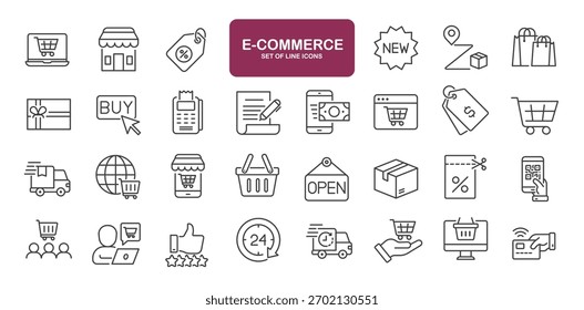 Set of line icons related to user e-commerce, online shop, market, store. Outline icons collection