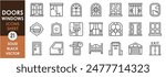 A set of line icons related to various doors and windows. House, ship, vehicle, lab, garage, airplane, security room, traditional doors and windows collection. Vector outline icons set.