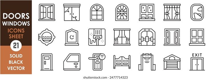 Eine Reihe von Liniensymbolen, die sich auf verschiedene Türen und Fenster beziehen. Haus, Schiff, Fahrzeug, Labor, Garage, Flugzeug, Sicherheitsraum, herkömmliche Türen und Fenster Kollektion. Vektorgrafik-Gliederungssymbole festgelegt.