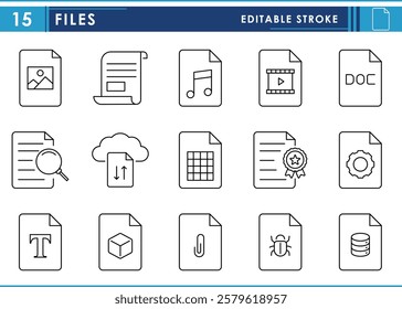 A set of line icons related to various Files. Extension, bugs, attachment, music, upload, download, verified, system, and so on. Vector editable stroke.