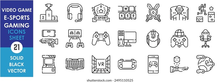 A set of line icons related to video game, e-sports, and gaming. Console, headphone, virtual reality, keyboard, mouse, computer, online and so on. Vector outline icons set.