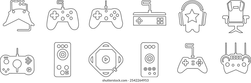 A set of line icons related to video game, e-sports, and gaming. Console, headphone, virtual reality,  computer. Vector outline icons set.