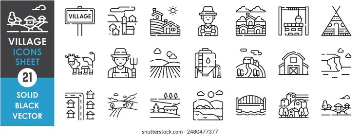 A set of line icons related to village. Suburban, village, rural, far, tent, villager, farm, cattle, water well, barn, road, green, beautiful and so on. Vector outline icons set.