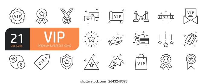 Conjunto de ícones de linha relacionados com VIP, Lista de Convidados Especiais, Linha VIP e muito mais. Coleção de ícones de tópicos. Ilustração vetorial.
