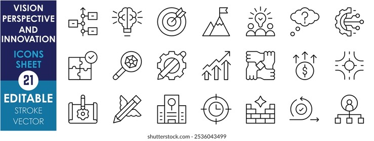 Um conjunto de ícones de linha relacionados à visão, perspectiva e inovação. Caminho, destino, meta, tecnologia, estratégia, caminho, solução criativa, liderança, foco, pesquisa, planejamento, agilidade e assim por diante.