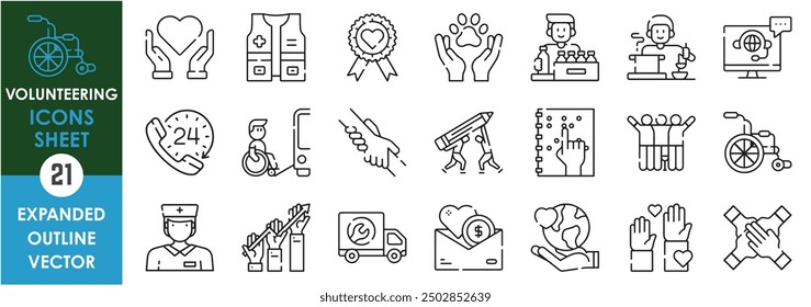 Un conjunto de iconos de línea relacionados con el voluntariado. Ayuda, ayuda, Asistencia, oral, Servicio al cliente, discapacitado, salud, amor, premio, lealtad, etc. Conjunto de iconos de contorno de Vector.