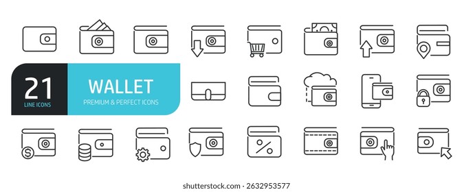 Conjunto de ícones de linha relacionados a carteira, dinheiro, pagamento. Coleção de ícones de tópicos. Ilustração de stock de ilustração vetorial
