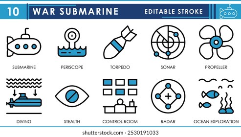 Um conjunto de ícones de linha relacionados ao submarino de guerra. Guerra, submarino, periscópio, torpedo, sonar, hélice, mergulho e assim por diante. Traçado editável de vetor.