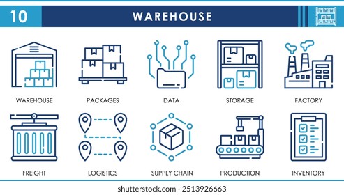 A set of line icons related to Warehouse. Storage, data, packages, factory, freight, production, supply chain, and so on. Vector outline icons set.