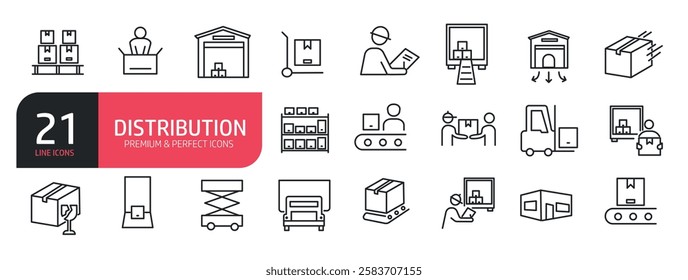 Set of line icons related to warehouse, package, delivery,  distribution, boxes. Outline icons collection. Vector illustration.