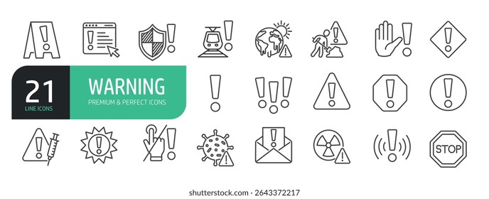 Set of Line Icons Related to Warning, Alert, Risk Sign, Caution, Exclamation Mark,  Alert Information, Accident Notification.