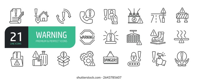 Set of Line Icons Related to Warning, Alert, Risk Sign, Caution, Exclamation Mark,  Alert Information, Accident Notification.