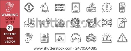 A set of line icons related to warning and caution. Caution, warning, alert, notification, accident, hold, barrier and so on. Vector outline icons set.