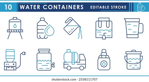 A set of line icons related to Water Containers. Bottle, jar, dispenser, mug, tank, tanker, and so on. Vector editable stroke.