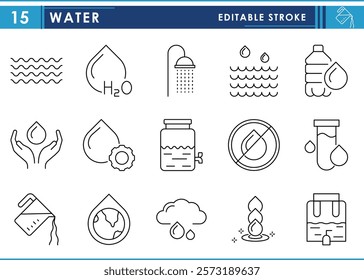 A set of line icons related to Water. Waves, bottle, shower, pure, drinkable, test, purify, clouds, and so on. Vector editable stroke.