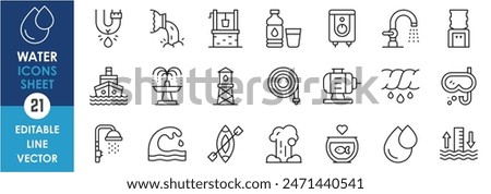 A set of line icons related to water. Drop, water, pipe, plumber, tank, shower, cloud, well, bottle and so on. Vector outline icons set.