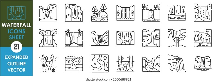 A set of line icons related to Waterfall. River, spring, fall, water, fountain, mountain, cliff, natural, Niagara, rocks, and so on. Vector outline icons set.