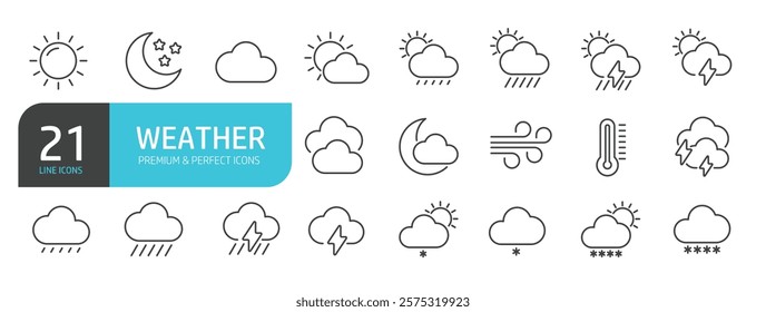 Set of line icons related to weather, meteorology, climate. Outline icons collection. Vector illustration.