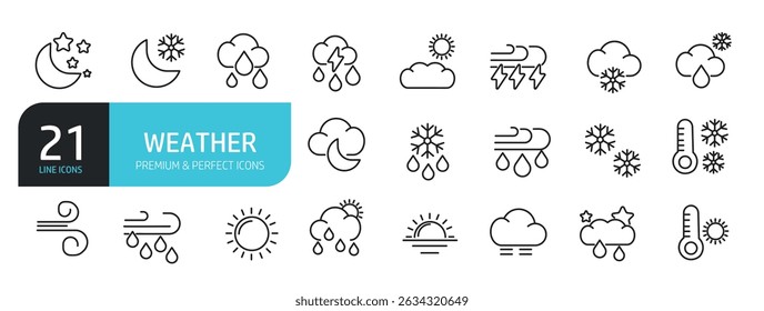 Set of line icons related to weather, meteorology. Outline icons collection. Vector illustration stock illustration