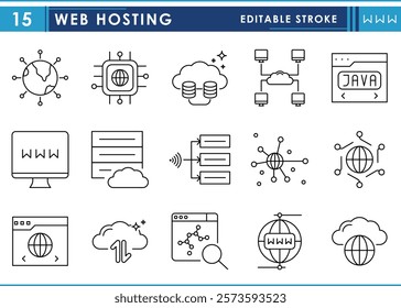 A set of line icons related to Web Hosting. Web, java, network, cloud, storage, download, upload, database, etc. Vector editable stroke.