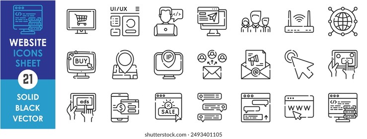 A set of line icons related to website. Webpage, e-commerce, shopping, business, programmer, chat, message, mail, touch, address, router, team, designer and so on. Vector outline icons set.