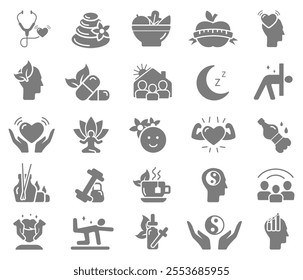 Set of line icons related to wellness, wellbeing, mental health, healthcare, spa, medical. Outline icon collection. Vector flat icons