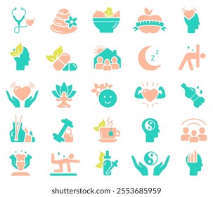 Set of line icons related to wellness, wellbeing, mental health, healthcare, spa, medical. Outline icon collection. Vector flat icons